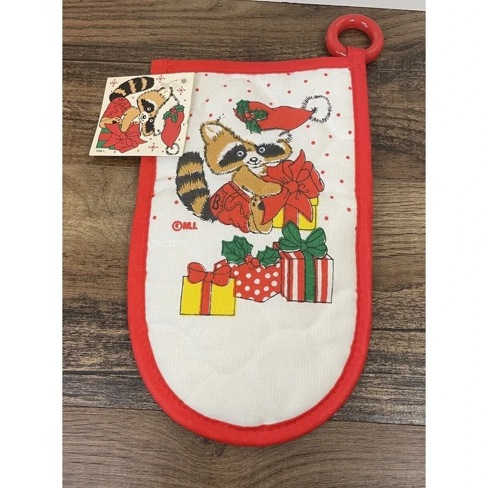 Vintage Britches Cartoon Raccoon Oven Mitt With Tag Christmas Presents Santa Hat